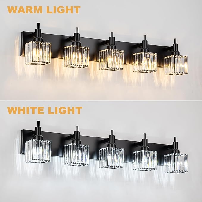 Black Crystal Bathroom Vanity Light 5-Light Modern Bathroom Lighting Fixtures Over Mirror Wall Light Fixtures