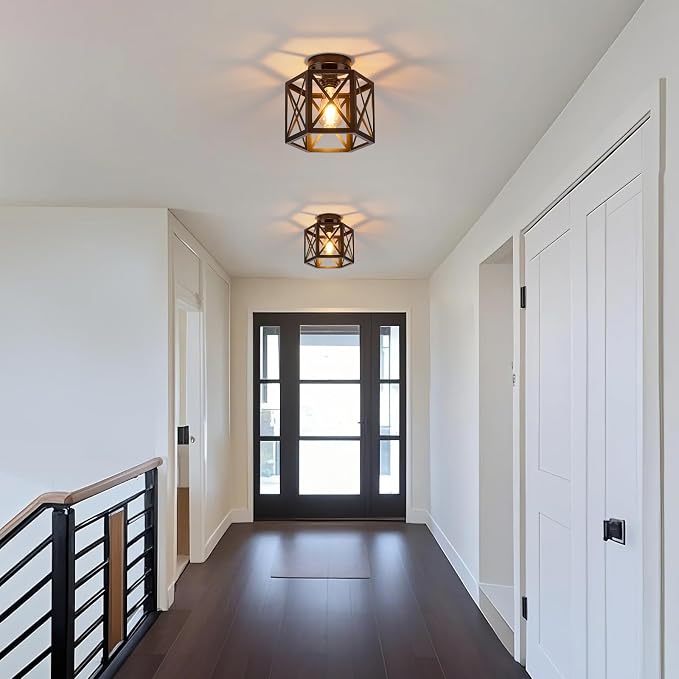 XSDeTu 2 Pack Farmhouse Semi Flush Mount Ceiling Light, Industrial Black Hallway Light Fixture, Small Metal Cage Close to Ceiling Lights for Kitchen Sink Porch Bedroom