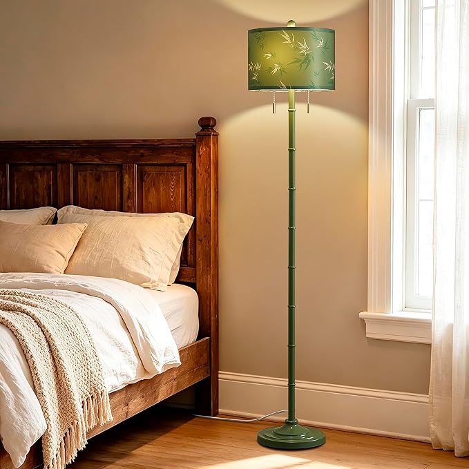 Upgraded 2-Light Mid Century Modern Green Floor Lamp for Living Room | 63.5'' Tall Floor Lamp with 3 Color Temp Bulbs, Living Room Lamp with Chain Switch, Standing Lamp for Bedroom, Office, Corner
