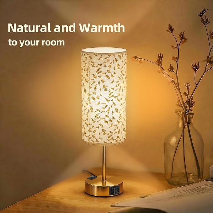 Table Lamp for Nightstand, High-Sensitivity Touch, 3-Level Dimmable Bedside Lamp with AC Outlet | USB | and USB-C, Ideal Night Stand Lamp for Bedroom, Reading, Living Room(Triangle&Gold)