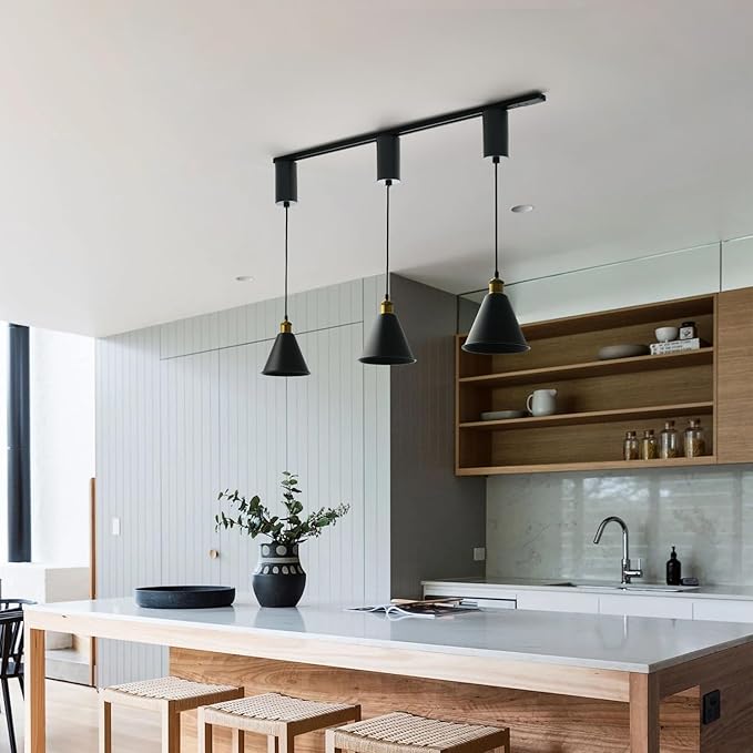 mirrea H-Type Matte Black Track Lighting Pendant with E26 Socket, Black Cone Shade, Industrial Style Adjustable Hanging Fixture for Kitchen, Dining, Bar Lighting, Pack of 3