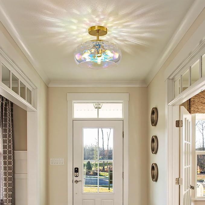 Vintage Semi Flush Mount Ceiling Light ,12″ Art Deco Rainbow Hammered Glass | Gold,Mid Century,Whimsical,MCM,Unique Cute Retro Light Fixtures for Girls Bedroom,Entryway Laundry Room Kitchen Closet Foyer
