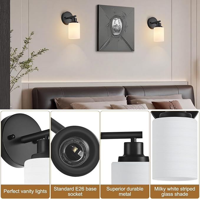 2-Pack, 1-Light Vanity Lights, Matte Black Bathroom Light Fixture with Textured Milky White Glass Shade, E26 Modern Vanity Lighting Fixture for Bathroom Wall Sconce