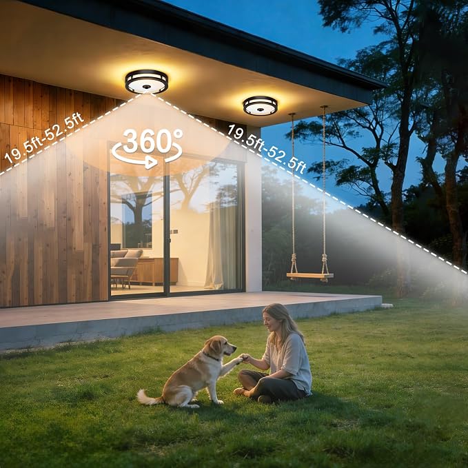 Outdoor Motion Sensor Ceiling Light with Remote, Tunable White Exterior Flush Mount Ceiling Lights, 12" Outdoor Porch Light Fixture for Garage, Entryway, Patio, 2 Pack