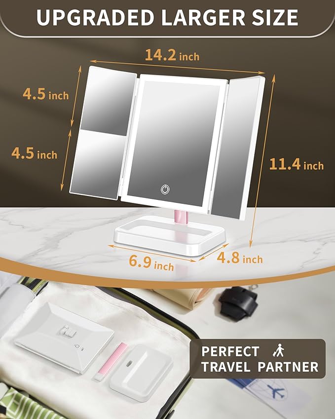 Makeup Mirror Vanity Mirror with Lights, 1X, 2X, 3X Magnification, 3 Color Lighting,Touch Sensor Dimmable, Light Up Tabletop Cosmetic Mirror