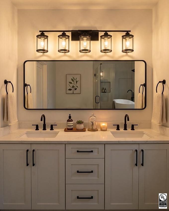 5-Light Matte Black Bathroom Light Fixtures Over Mirror with Clear Glass and Metal Cage Shade, 38" UL-Listed Modern Farmhouse Wall Sconce for Bath, Hardwire E26, OS-3014BK-5W