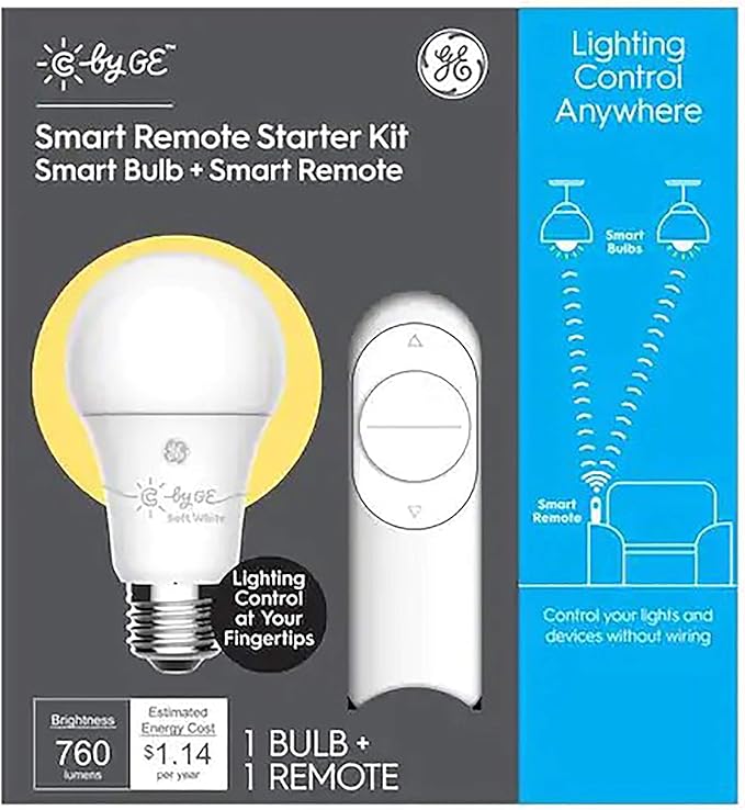GE C by GE Starter Kit Remote with 60-Watt EQ A19 Soft White Dimmable Smart LED Light Bulb