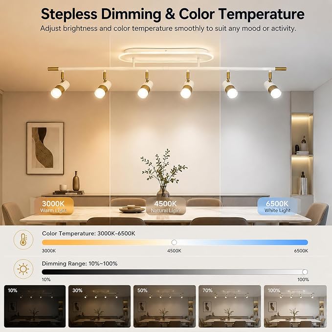 Jaycomey 6-Light LED Track Lighting Fixtures Ceiling, 60W Dimmable Track Light with Remote, 3000K-6500K Adjustable Ceiling Spotlights, 51in White Gold Ceiling Light Fixture for Kitchen Living Room
