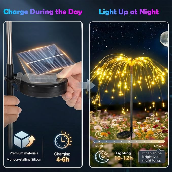 6-Pack Solar Firework Lights for Outside Waterproof Garden Fairy Lights | Adjustable 32"-51" tall, 200 LED stainless steel stake starburst lights with 8 modes for pathway patio decorations.