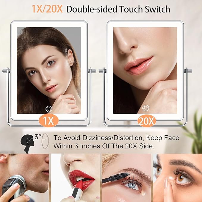 FASCINATE 5000mAh Rechargeable Wall Mounted Makeup Mirror, 8.7" Double Sided Touch Switch 1X 20X Rectangle Wall Mounted Magnifying Mirror with Light, 3 Color Setting, Extended Arm 360° Foldable Chrome