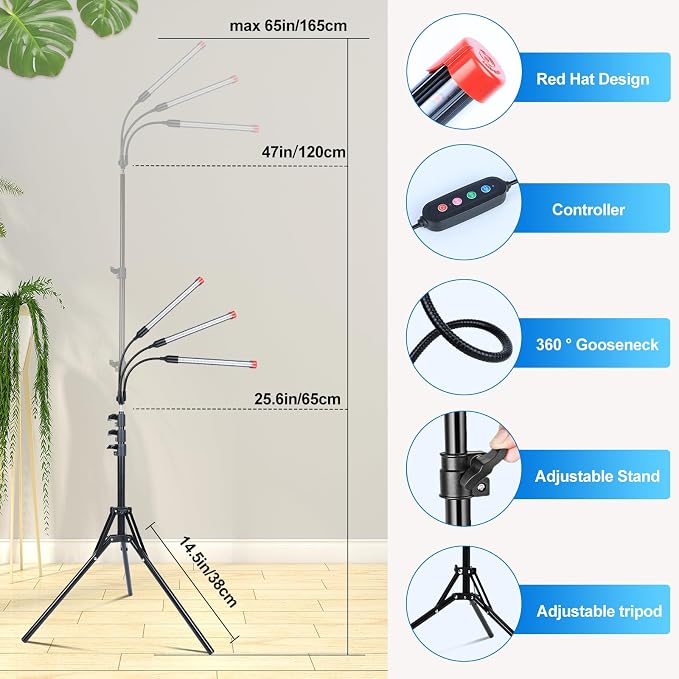 3Head Grow Light with Stand, 5-Mode Timer 4/8/12/16/20H, 27 Watt Power Home Plug LED Grow Lights for Indoor Plants for Tall Houseplants, Bonsai Tree, Seed Starting, 24"-64" Adjustable Height