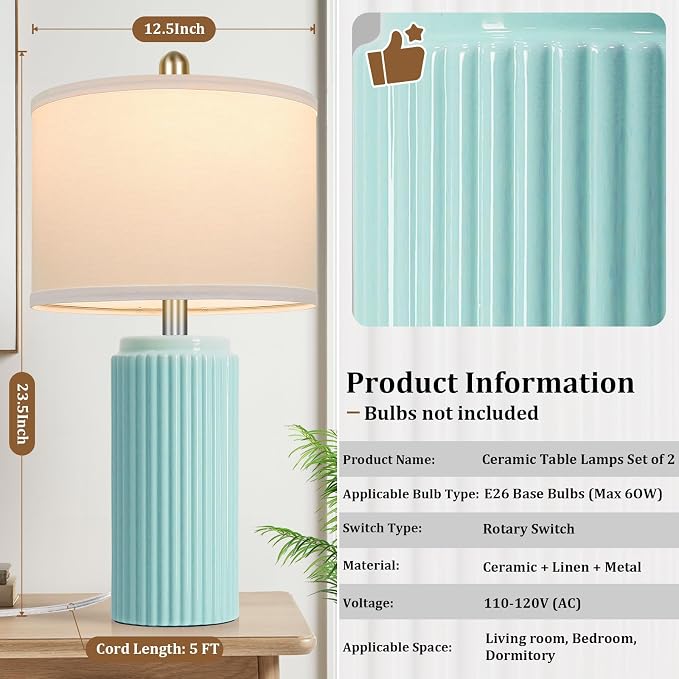 23.5" Light Green Modern Ceramic Table Lamps Set of 2 for Bedside | Nightstand Lamps with White Linen Shade, Ideal Size, Farmhouse Home Decor for Living Room Bedroom Office End Table Dorm