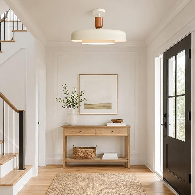 Mid Century Modern Pendant Light: 20" 2-Tiered Cream Metal Nordic Lighting | Wood Brass Iron Hanging Ceiling Light, Kitchen Pendant Lighting Over Island, Dining Room Bedroom Hallway Entryway Chandelier