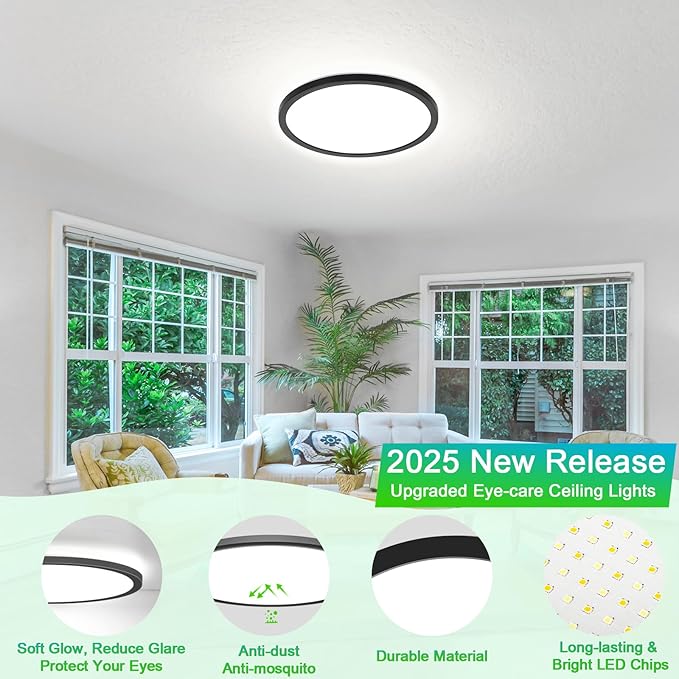 12 Inch 3200LM Dimmable LED Flush Mount Ceiling Lights, 24W Black Ceiling Light Fixtures, 2700K/3000K/4000K/5000K/6500K 5 Color in One, Ultra Thin Round Lamps for Kitchen, Bedroom, Hallway, 1-Pack