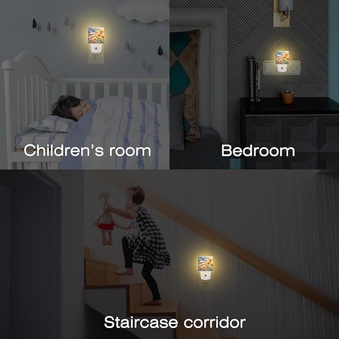 American Flag with Sunflowers Night Light Plug into Wall,Watercolor USA Flag Patriotic Dusk to Dawn Night Light Plug in,0.5w Energy Saving Sleep Friendly NightLight for Kids Boys Girls Home Decor
