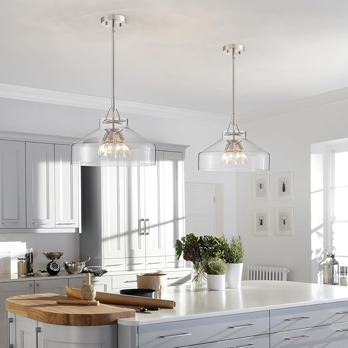 WUZUPS Chandelier Rustic Farmhouse Industrial Round Ceiling Pendant LED Light Fixture with Clear Glass Shades for Dining Room Kitchen Island Foyer Entryway, H 11.8" W 15", E26 Base, Gold