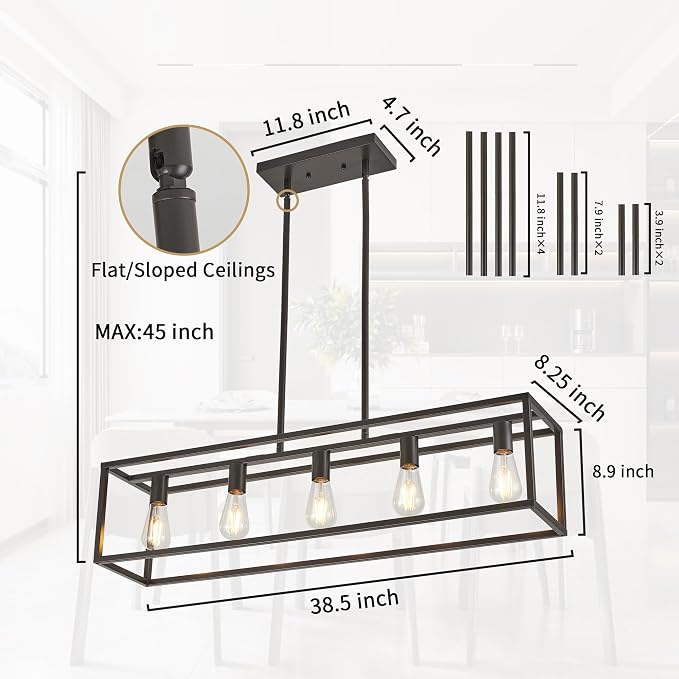 Kitchen Light Fixtures Farmhouse Rectangle Chandeliers Dining Room Light for Dining Rooms, Light Fixture Matte Oil Rubbed Bronze 5-Light Industrial Pendant Lighting
