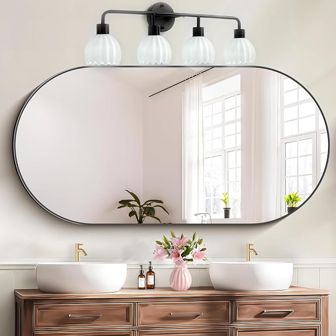 Black 4-Light Vanlity Light Over Mirror,Wall Sconces,Modern Bathroom Light Fixture with Milk White Glass Flower Shade,E26 Socket(Bulbs Not Included)