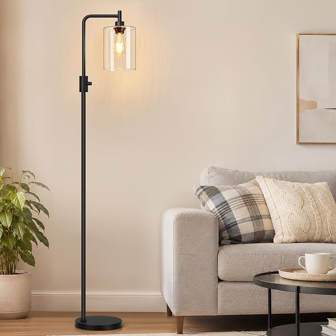 【Upgraded】 Dimmable Floor Lamp for Living Room with Seeded Glass Lampshade, Black Modern Glass Floor Lamp with 900LM LED Bulb Included, Arc Standing Tall Lamp for Bedroom, Office, Reading Room, Corner