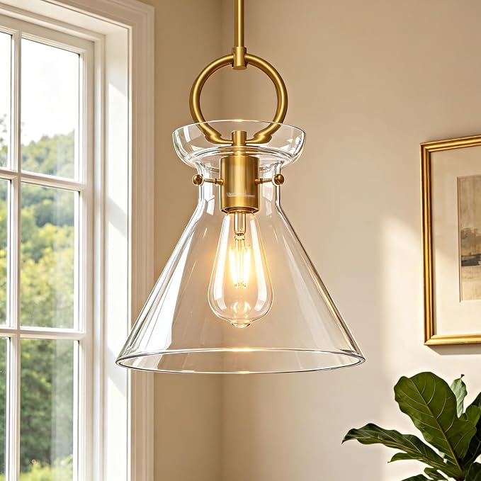 Gold Pendant Lights Kitchen Island 9.84'' Clear Glass Shade | Modern Pendant Lighting Over Sink, Adjustable Hanging Ceiling Light, E26 Dimmable for Dining Room, 1-Pack
