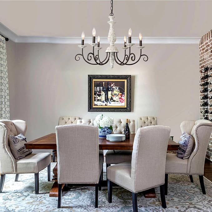 French Country Chandelier,6 Lights Farmhouse Chandelier Dining Room Distressed White Wood Chandeliers with Black Metal Arm,Rustic Candle Ceiling Chandelier for Living Room Bedroom