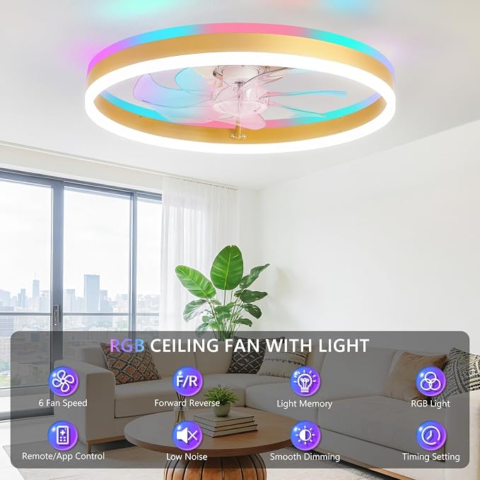 RGB Ceiling Fan with Light, 20'' Low Profile Ceiling Fans with Remote Control, Smart Gold Flush Mount LED Fan Light, Modern Bladeless Fandelier for Bedroom, Living Room, Kitchen