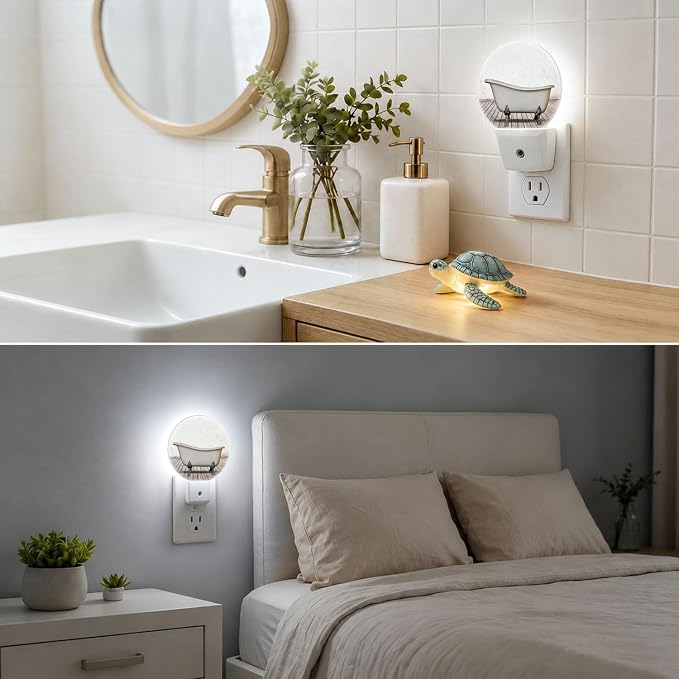 Nightlight Vintage Bathtub Plug-in Night Lights Dusk to Dawn | Bathroom White Old Wall Wood Floor Night Light LED Round Lamp with Auto on/off Sensor for Kitchen Hallway Bedroom Bathroom