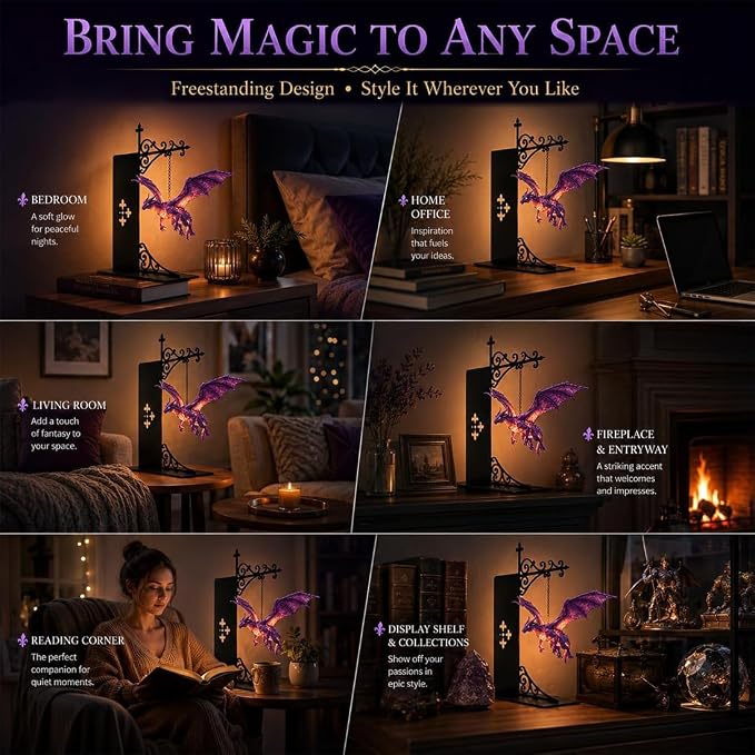 Magical Floating Dragon Bookshelf Lamp, Warm LED Dragon Night Light, Fantasy Gothic Bookend Decor, Reading Nook Ornament, Gift for Book Lovers & Fantasy Fans，Pink