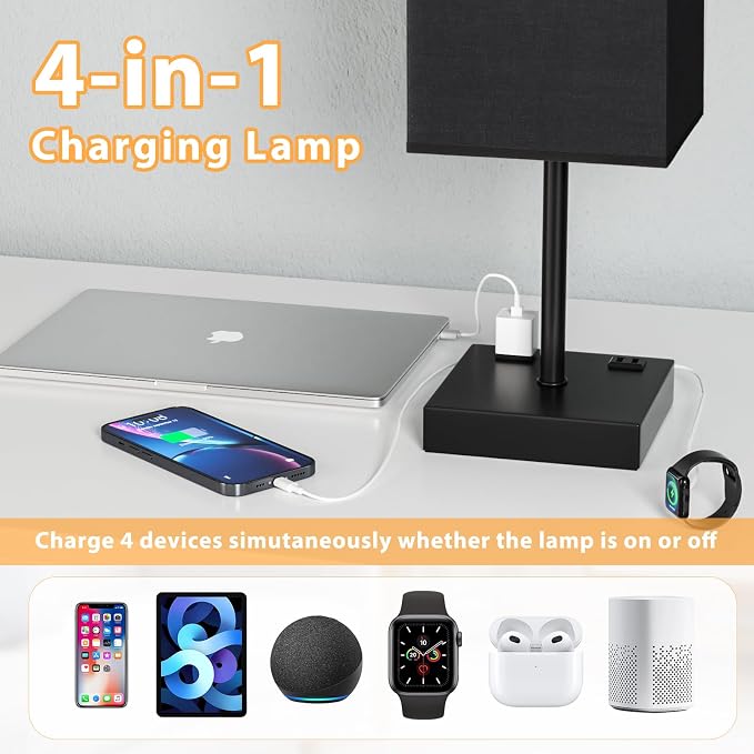 17.4" Black Bedside Table Lamp for Bedroom, Dimmable, USB C+A, 2 AC Outlets | 3-Way Touch Dimming, 3000K Warm White Bulb Included, Nightstand Lamp with Square Linen Shade, Room Decor for Men, Boys, Desk