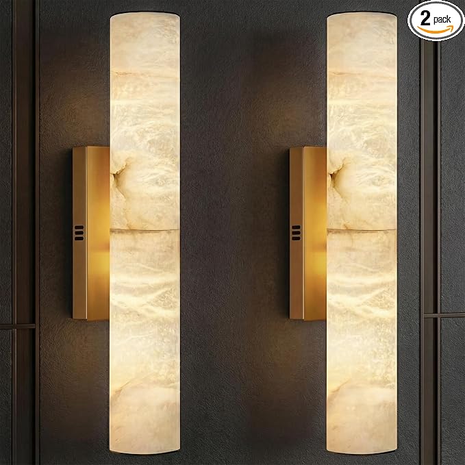 Gold Alabaster Wall Sconces Set of 2, Spanish Natural Marble Wall Sconce, 20" Brass Wall Sconce for Bathroom, Indoor Stone Wall Sconces Dimmable, Alabaster Wall Light for Living Room, Bedroom, Hallway