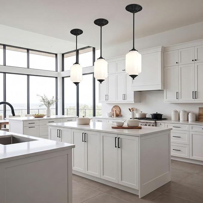 LOUSACE 5.5 in Milk Glass Kitchen Pendant Light, Retro Semi Flush Mount Ceiling Pandant Lighting with Matte Black Aluminium Base & White Milk Glass, E12 Blub Included