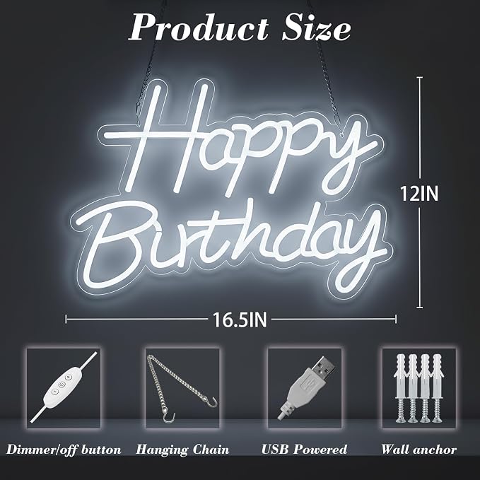 Happy Birthday Neon Sign for Backdrop, LED Happy Birthday Light Up Sign, USB Powered Dimmable Neon Light for Birthday Party Decorations, Wall Decor, White, 16.5 x 12 inch