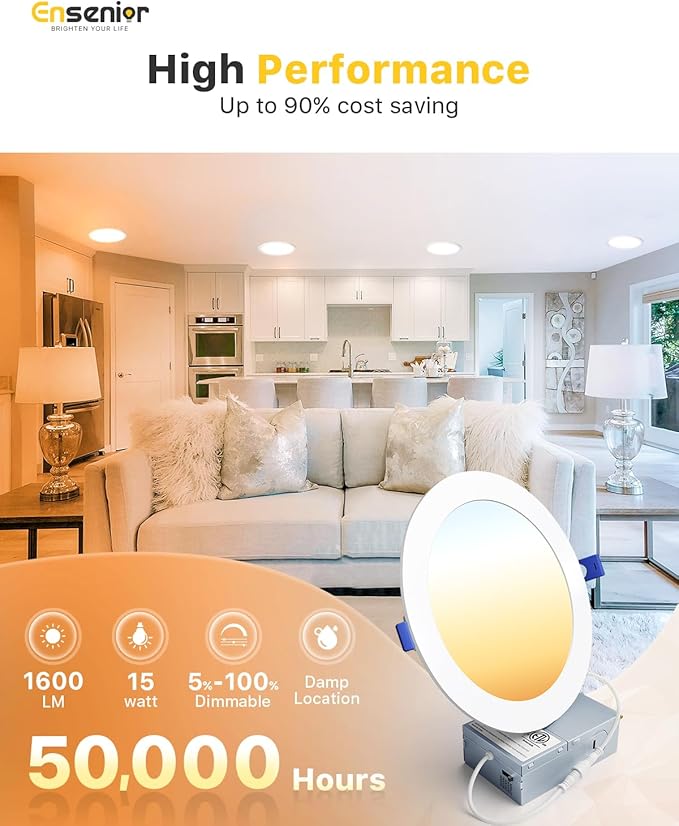 Ensenior 12 Pack 7 Inch LED Recessed Ceiling Light, Dimmable, 2700K-5000K 5CCT, 1300LM 15W 120V, High Brightness Canless Wafer Downligh