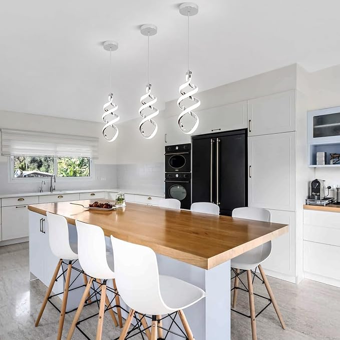 Modern Led Pendant Light Fixture, 15W Chrome Spiral Led Chandelier Hanging Lamp, 4500K Daylight White Pendant Lamp, Adjustable Height Pendant Light for Kitchen Dining Room Bedroom Kitchen Island Cafe