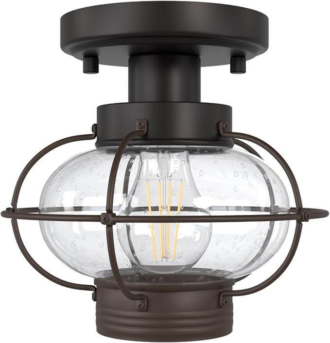 Porch Ceiling Light, Farmhouse Industrial Flush Mount, Glass Globe E26 | Indoor & Outdoor Use. For Hallway, Bedroom, Balcony, Stairway. Metal Build. Hardware Included. Easy Install.