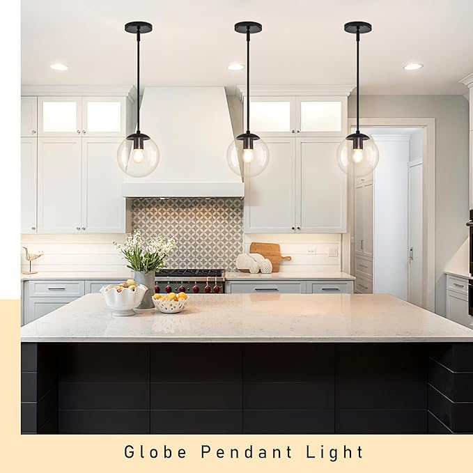 8" Globe Pendant Light Black 2 Pack Mid Century Pendant Light Globe Pendant Lights Kitchen Island Matte Black Finished with Clear Glass Adjustable Ceiling Light Fixtures for Dining Room Bar