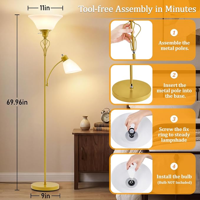 Floor Lamps for Living Room, 70" Tall Torchiere Floor Lamps, Plastic Shade | Tall Lamp with Adjustable Gooseneck Reading Light, Modern Corner Standing Lamp for Bedroom, Office, Separate On/Off Switch