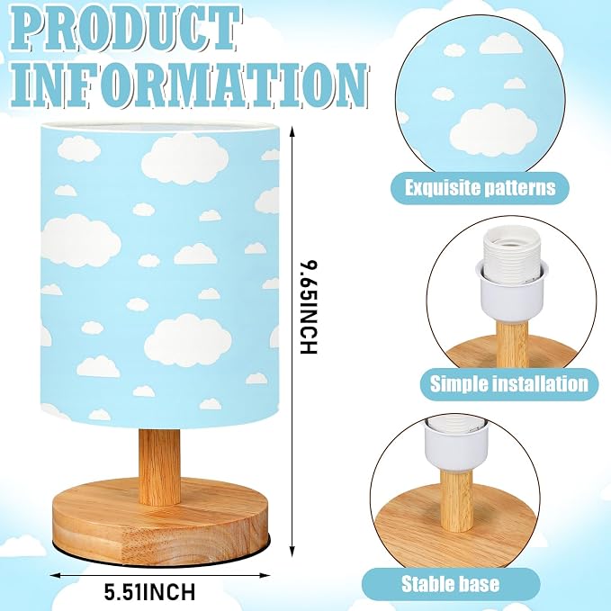 Cloud Kids Table Lamp for Bedroom Kids Bedside Lamp with Linen Wooden Nightstand Cartoon Nursery Lampshade for Girls Boys Living Room