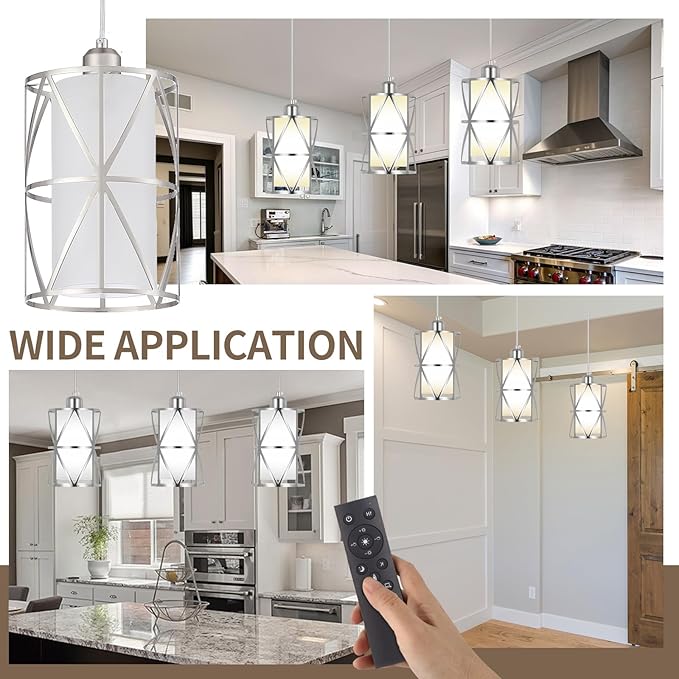 Pendant Lights Kitchen Island with LED Bulb & Remote Control, Height Adjustable Cord Pendant Lights with Frosted Glass, Modern Island Lights for Kitchen, Hanging Lights for Dining Room