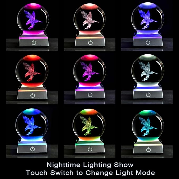 80mm 3D Eagle Crystal Ball with LED Stand, Animal Figurine Decor Glass Sphere Lamp Night Light, Eagle Statue Gifts for Men Women Kids