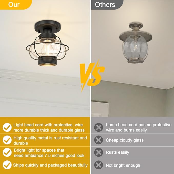 Porch Ceiling Light Fixture, Industrial Flush Mount, Glass Globe, E26 | Farmhouse Design for Indoor & Outdoor. Ideal for Hallway, Bedroom, Balcony, Stairway. Easy to Install. Hardware Included.