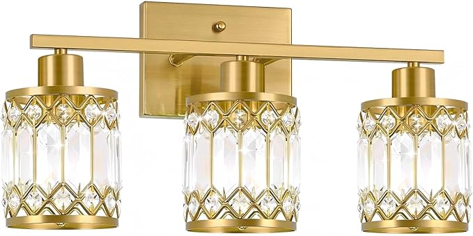 Crystal Modern Bathroom Light Fixtures, 3-Light Brushed Gold Bathroom Vanity Wall Light, Vanity Lights for Mirror, Restroom, Bedroom (E26 Socket, Bulbs Not Included)
