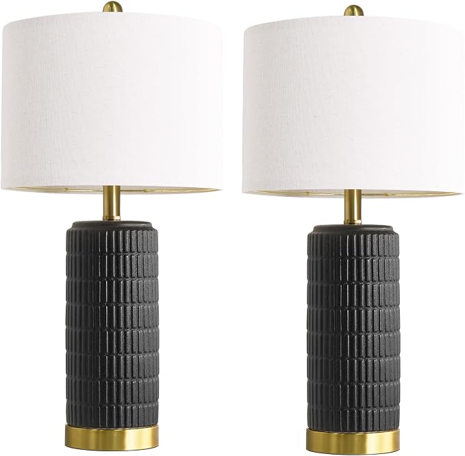 PoKat 25'' Black Ceramic Table Lamps Set of 2 with Gold Base for Bedroom Living Room, Farmhouse Matte-Textured Bedside Lamps for Nightstand Sideboard End Table with Stone-Like Design (Matte Black)