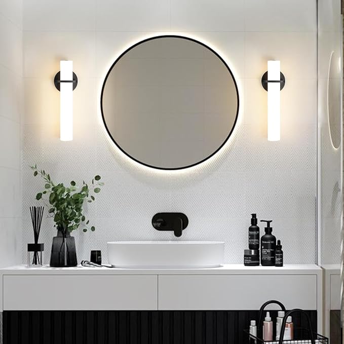 AIJIASI Wall Sconce Light - 15 inch Modern Black Bathroom Light Fixtures Wall Sconces Set of Two Dimmable LED Sconce Lighting, 15W 3000K Wall Light with Acrylic Shade for Bedroom Stairway Living Room
