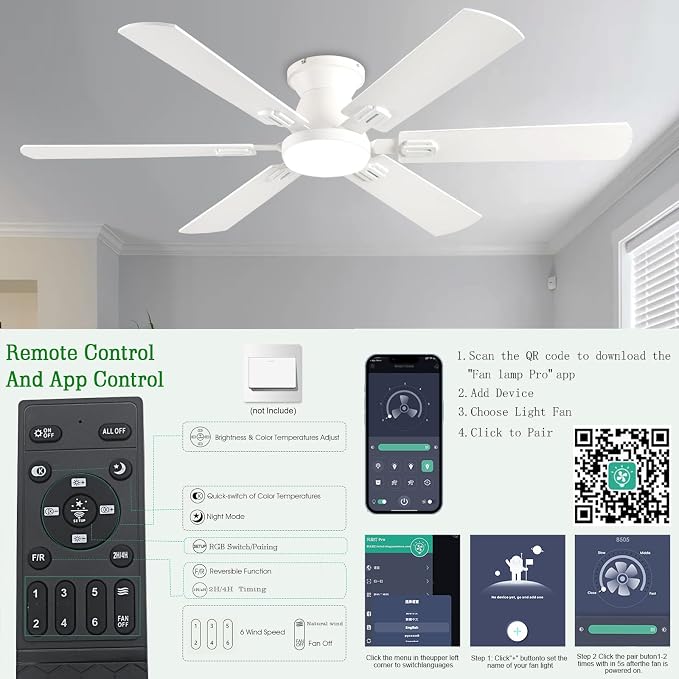 KNUN 56 inch Ceiling Fans with Lights, White Flush Mount Ceiling fan with Light and Remote/APP Control, 3CCT,Dimmable, Noiseless, Low Profile Ceiling Fan for Bedroom, Patio, Indoor/Outdoor Use