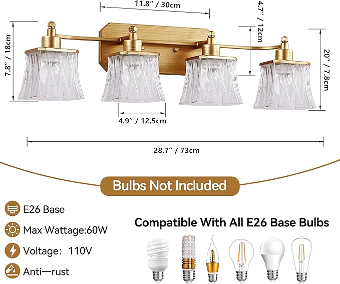 Gold Bathroom Vanity Light Fixture, 4-Light Vanity Lights for Bathroom , Matte Antique Brass Finish, With a Square Crystal Glass Shade, Vintage Bathroom Lighting Fixture over Mirror (Gold, 4 Light)