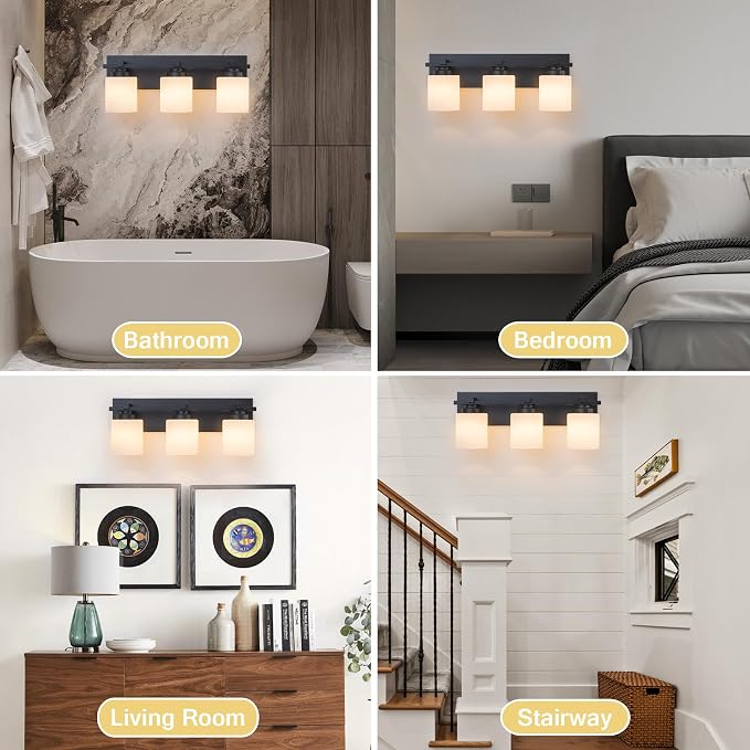 Modern Bathroom Light Fixtures Over Mirror, Vanity Lights for Bathroom Wall Sconces with Milky White Glass Shades, E26 Socket (Bulbs Not Included), 3 Light, Black