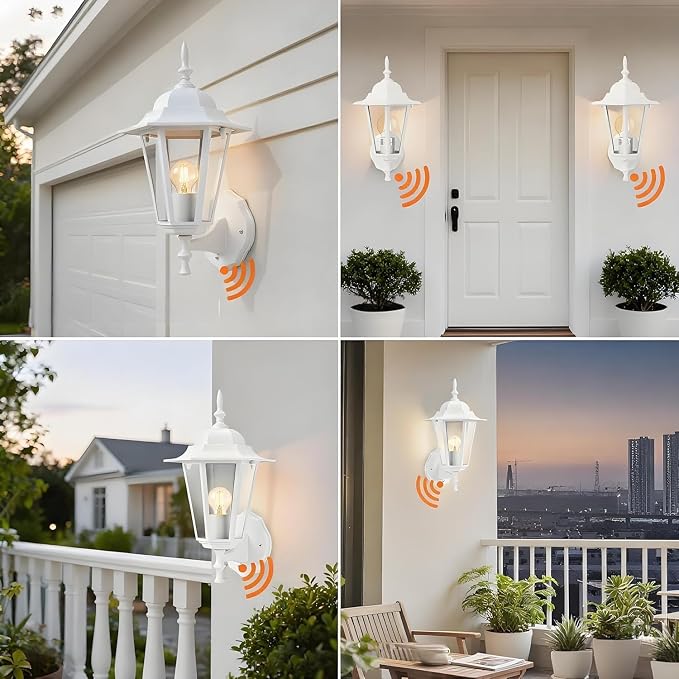 14.4"H Dusk to Dawn Outdoor Wall Light, White Exterior Garage Lighting Fixtures, Outdoor Porch Light Wall Mount, Modern Outside Wall Lantern Sconce Sensor Dusk Dawn Light for House, 2 Pack, E26 Base