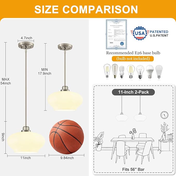 Modern Pendant Lights Kitchen Island, Brushed Nickel Pendant Light Fixtures with 11" Milk Glass Shade, Industrial Hanging Pendant Lights Fixture for Kitchen Island Dining Room Bedroom Hallway Entryway