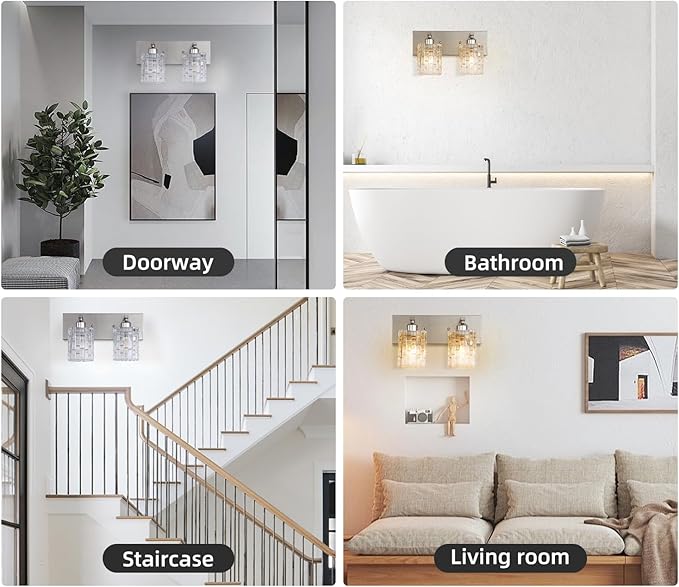 2-Light Nickel Crystal Bathroom Vanity Light Fixture Over Mirror, Modern Bathroom Wall Light for Living Room, Bedroom, Hallway